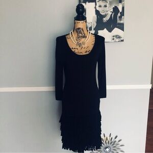 🖤🤍NWOT Calvin Klein Black Stretchable Knit Tiered Fringe Cocktail Dress Size M🤍🖤